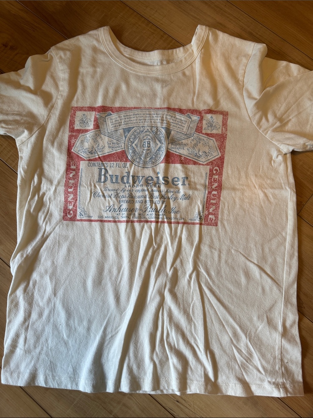 Budweiser Cream Tee with Red and Blue Label Graphic
